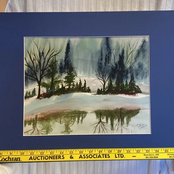 ORIGINAL SIGNED WATERCOLOR LANDSCAPE PINE TREE SNOW BANK LAKE REFLECTION MATTED